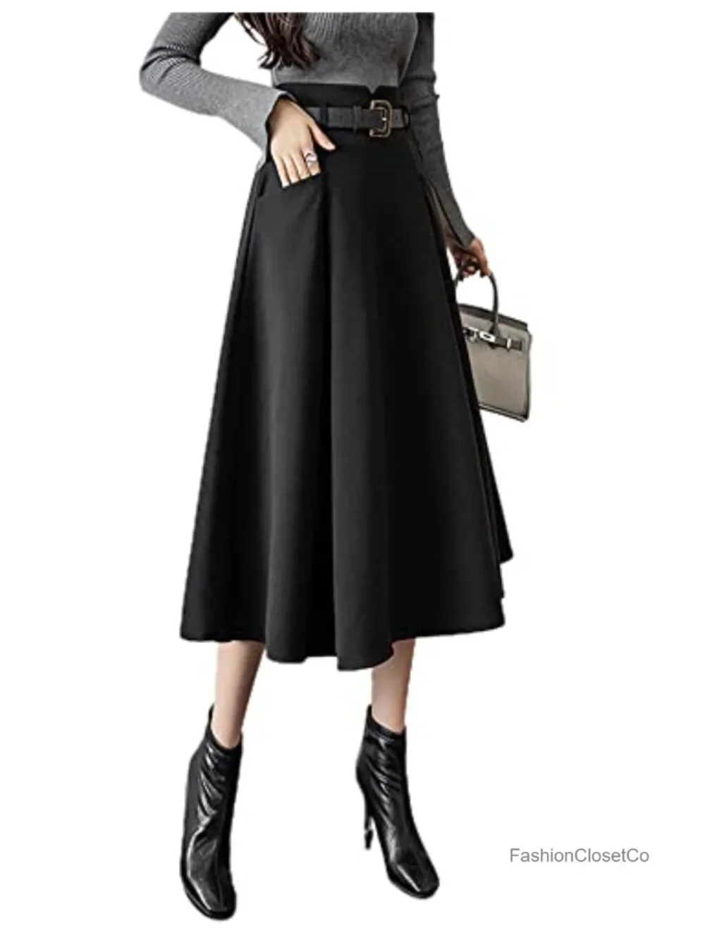 High Waisted A-Line Wool Blend Midi Skirt with Pockets & Belt